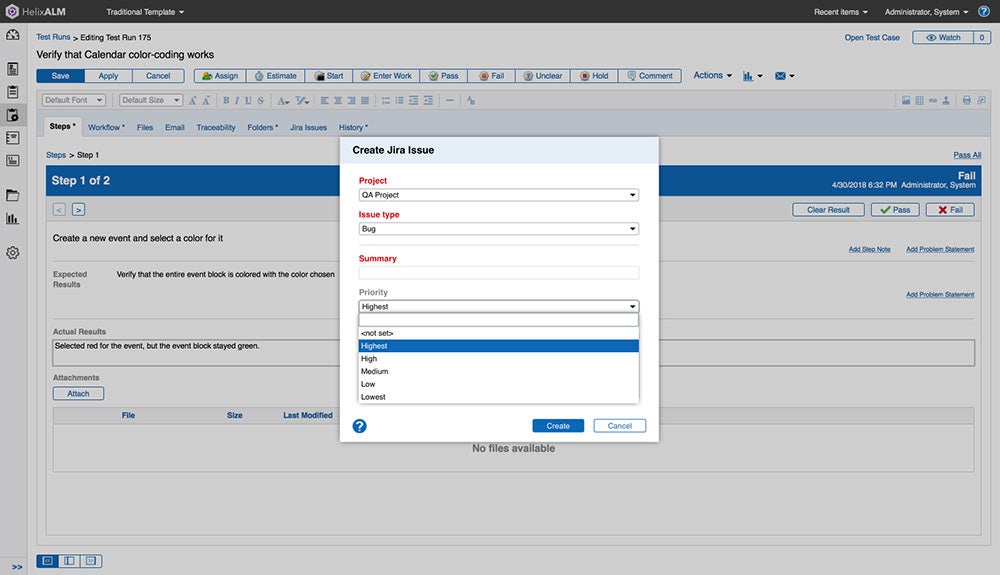 Test management tool for Jira, screenshot in Helix ALM.