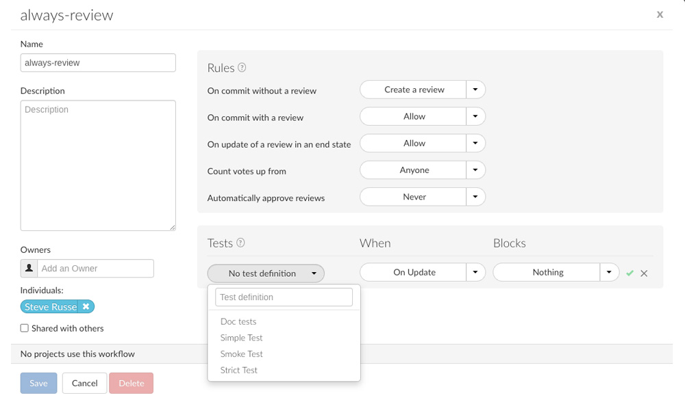 Customize workflows screenshot, Perforce Helix Swarm.