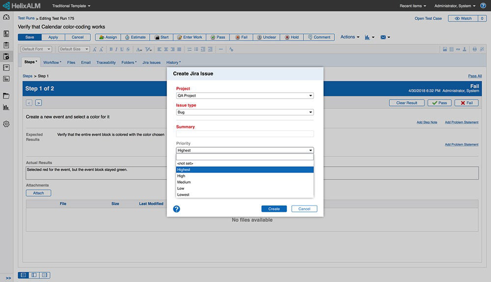 Helix ALM create Jira issue screenshot.