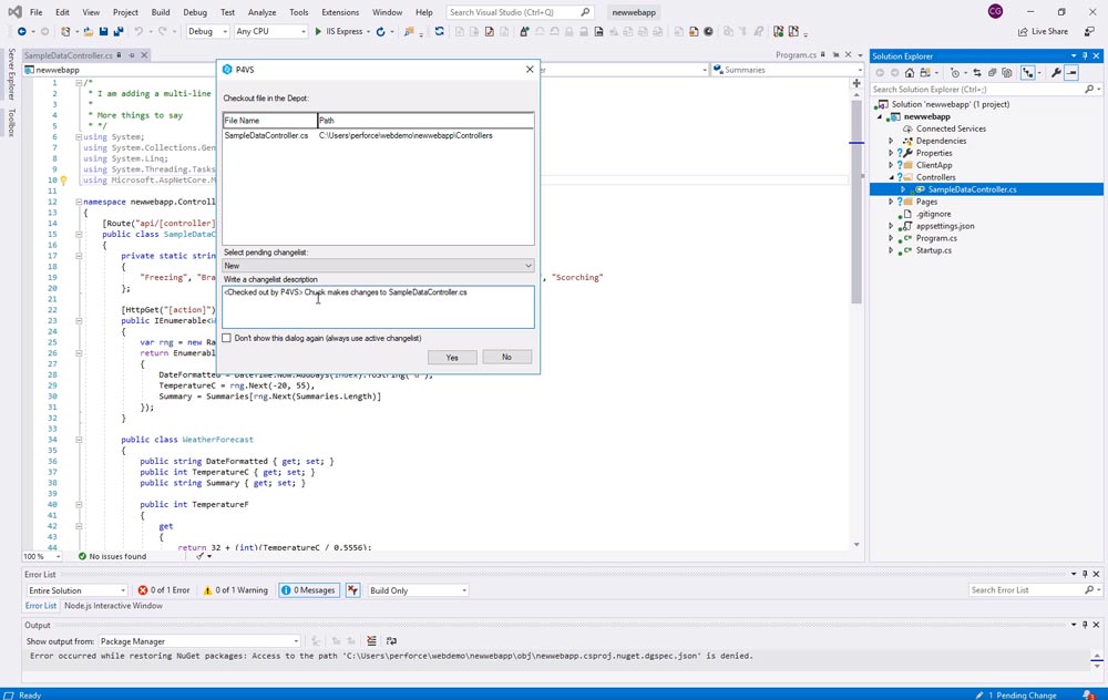 Perforce Helix Core and Unity integration file explorer screenshot.
