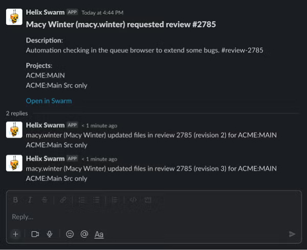 Screenshot of Slack and Perforce Helix Swarm integration.