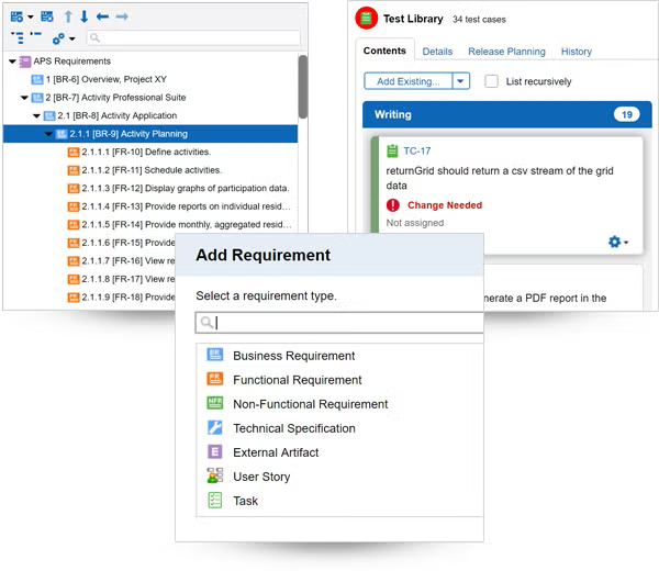 Requirements management, screenshot in Helix ALM.
