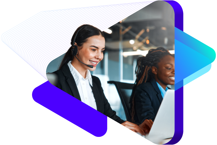 Professional management services people at computers.