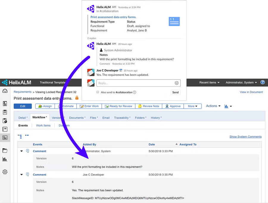 Comments in Perforce Helix ALM and Slack.