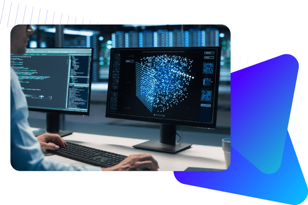 Developer with data automation software displayed on screen.