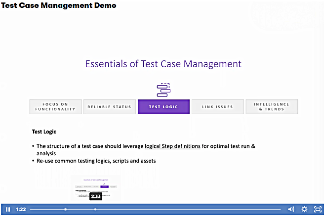 Screen from test case management video.